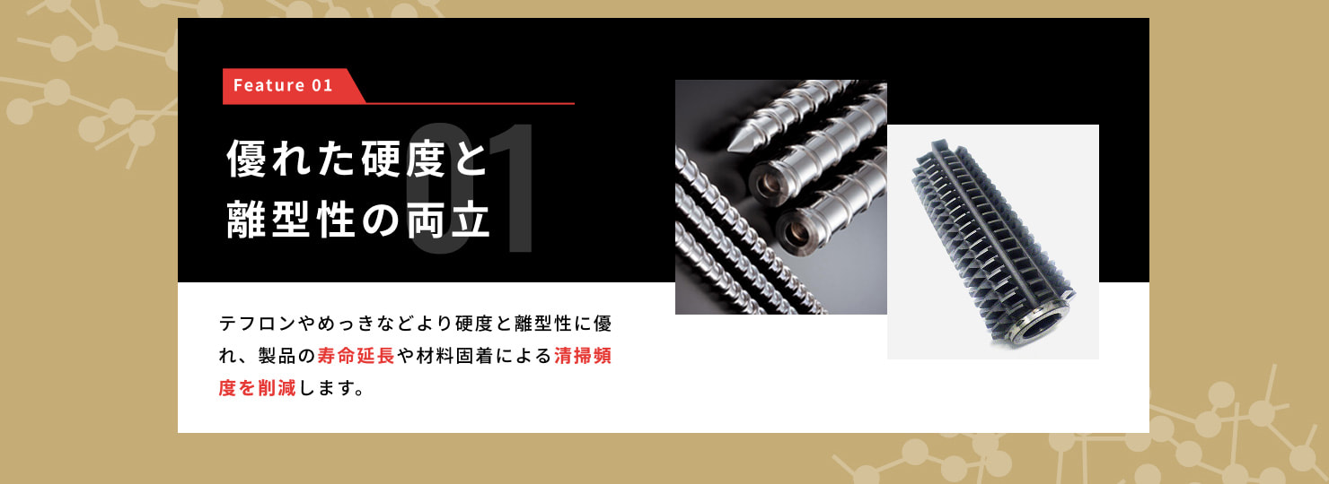 Feature 01 優れた硬度と離形性の両立・・・テフロンやめっきなどより硬度と離形性に優れ、製品の寿命延長や材料固着による清掃頻度を削減します。